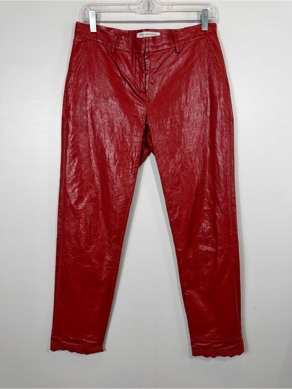 Philosophy di Lorenzo Serafini Red Faux Leather Lace Hem Pants US 6